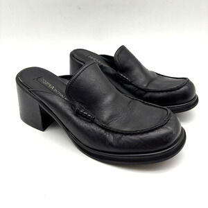 Vintage 00s Y2K Prima Royale MAGGIE Black Leather Slip On Block Heel Mules 9.5M